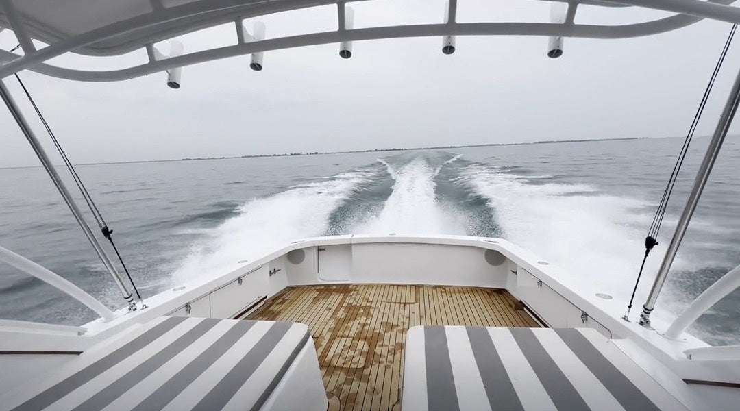 Looking aft from Poiema's tower at her wake on Lake Huron