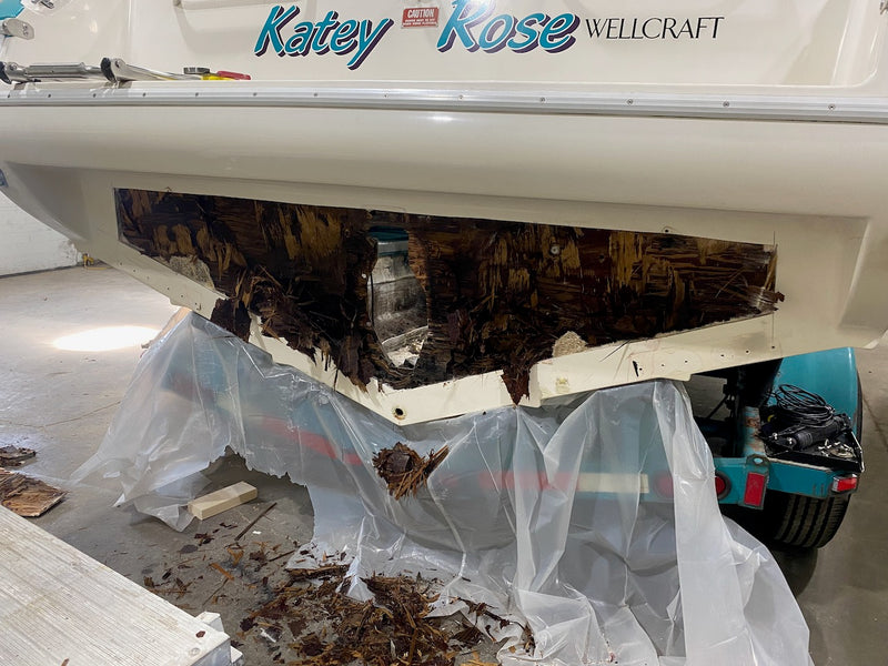 Boat transom cut open with the rotted core exposed for a recore