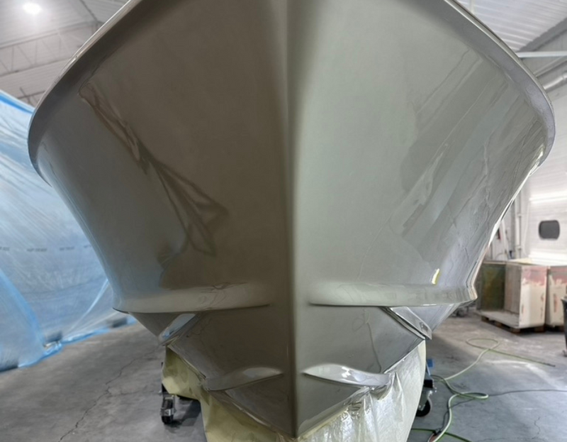 Boat hull being prepped for gelcoat and paint work at Guild Marine, Port Huron MI