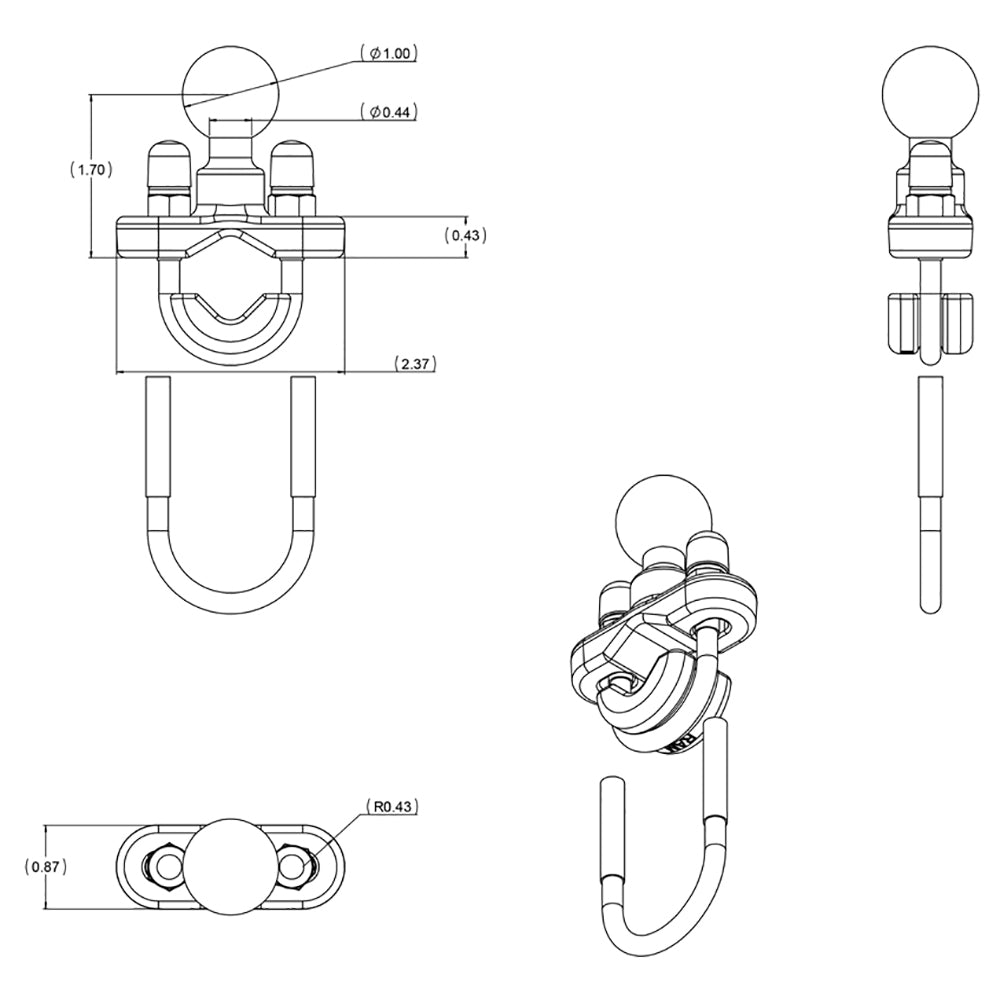 RAM Mount Zinc Coated U-Bolt Base w/1&quot; Ball [RAM-B-231ZU]