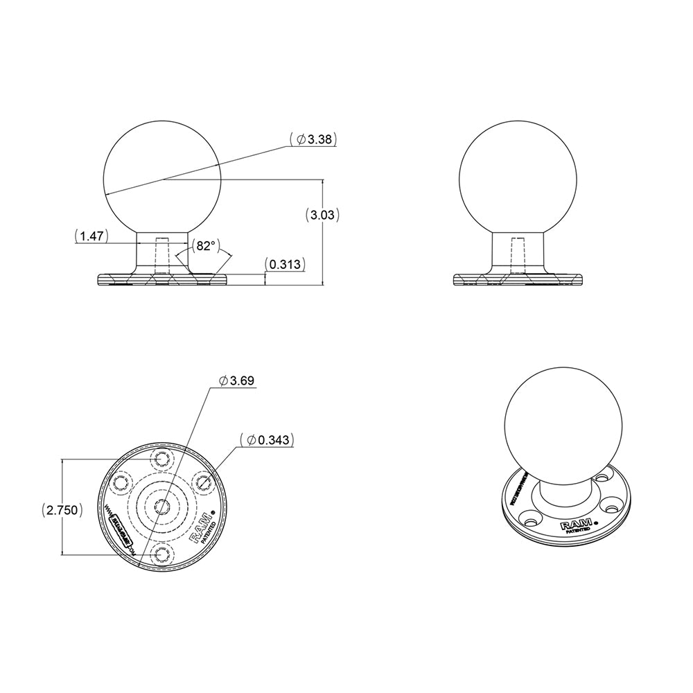 RAM Mount 3.68&quot; Round Base w/3-3/8&quot; E Size Ball [RAM-E-202U]