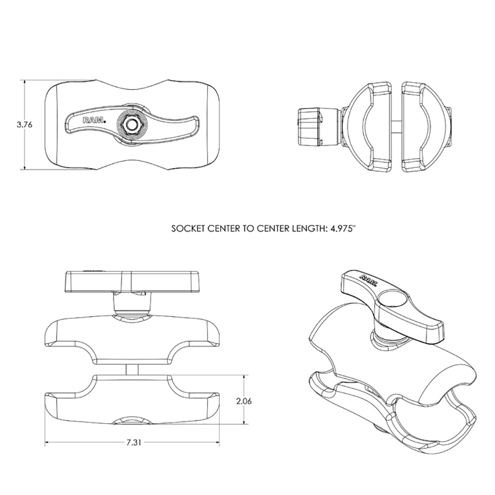 RAM Mount Double Socket Short Arm f/3-3/8&quot; E Size Ball Base [RAM-E-201U-D]