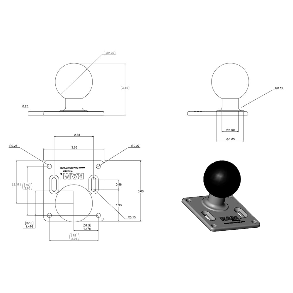 RAM Mount 75mm x 75mm VESA 3.625&quot; Plate w/2.25&quot; D Size Ball [RAM-D-2461U]