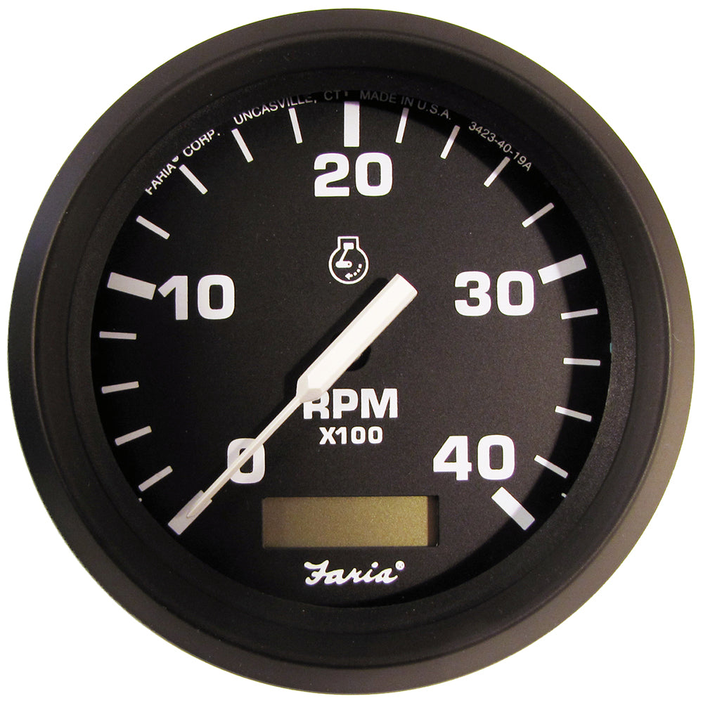 Faria Euro Black 4&quot; Tachometer w/Hourmeter (4000 RPM) (Diesel)(Mech. Takeoff  Var. Ratio Alt.) [32834]